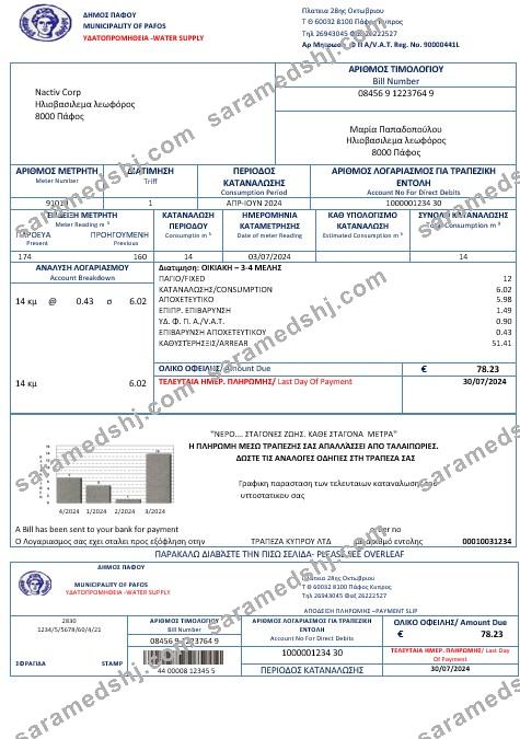 Cyprus water business utility bill template in Word and PDF formats